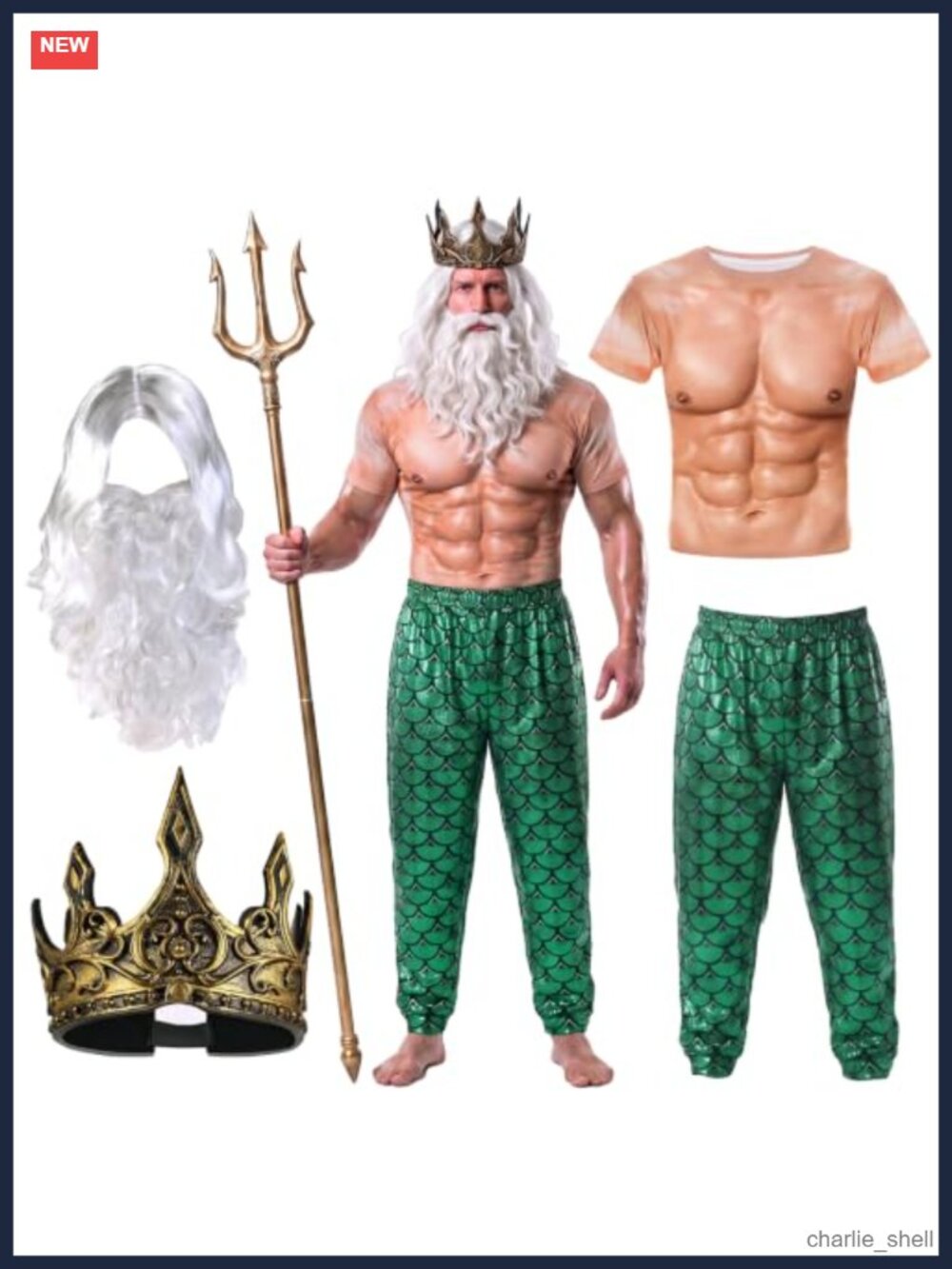 Men's Poseidon Merman Costume 4 Pc Halloween Cosplay